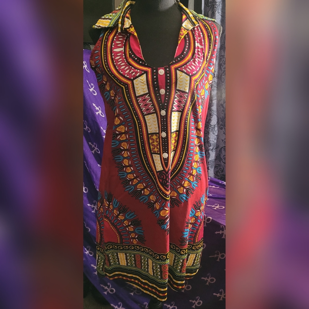 Karan Dashiki Style Sleeveless Mini Dress S